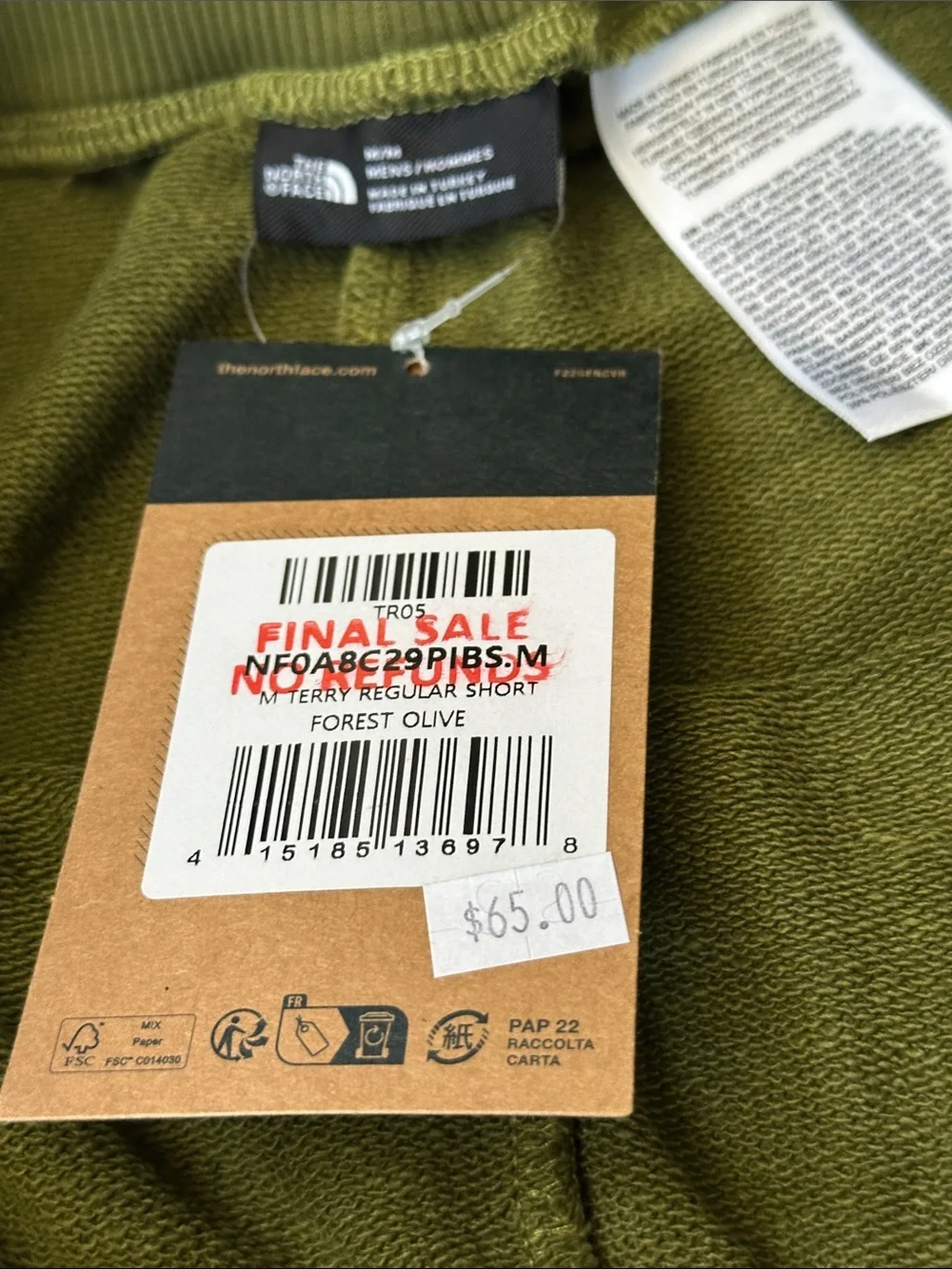 The North Face Men’s Medium Forest Olive Terry Regular Shorts. NWT’s.